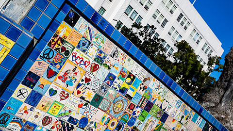 Wall covered in colorful tiles