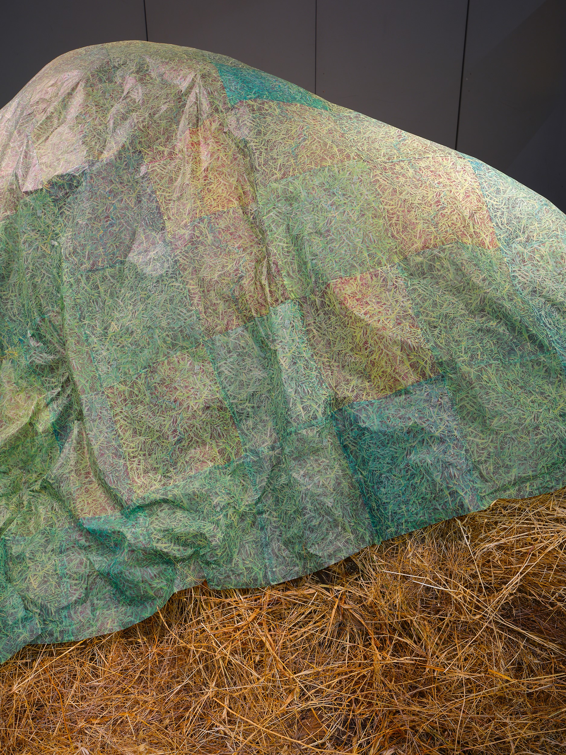 blue fabric draped over pile of dry grass