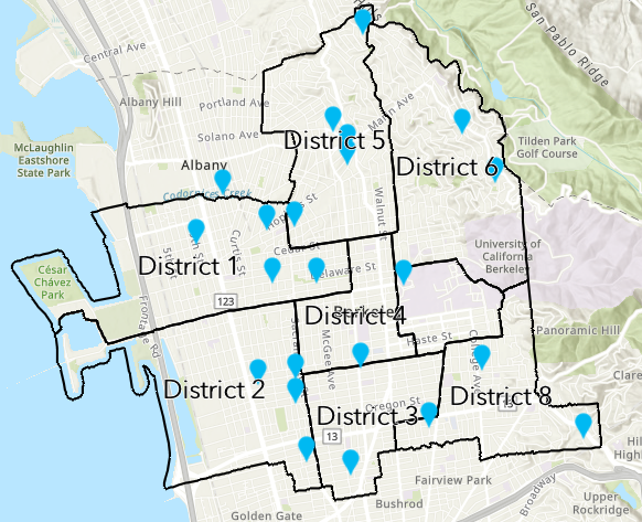 Map of Berkeley showing city council district boundaries (Districts 1 through 8) outlined in black. Blue location pins are placed throughout the districts, indicating specific points of interest or activity sites. The map includes geographic features like César Chávez Park, University of California Berkeley, and Tilden Park.