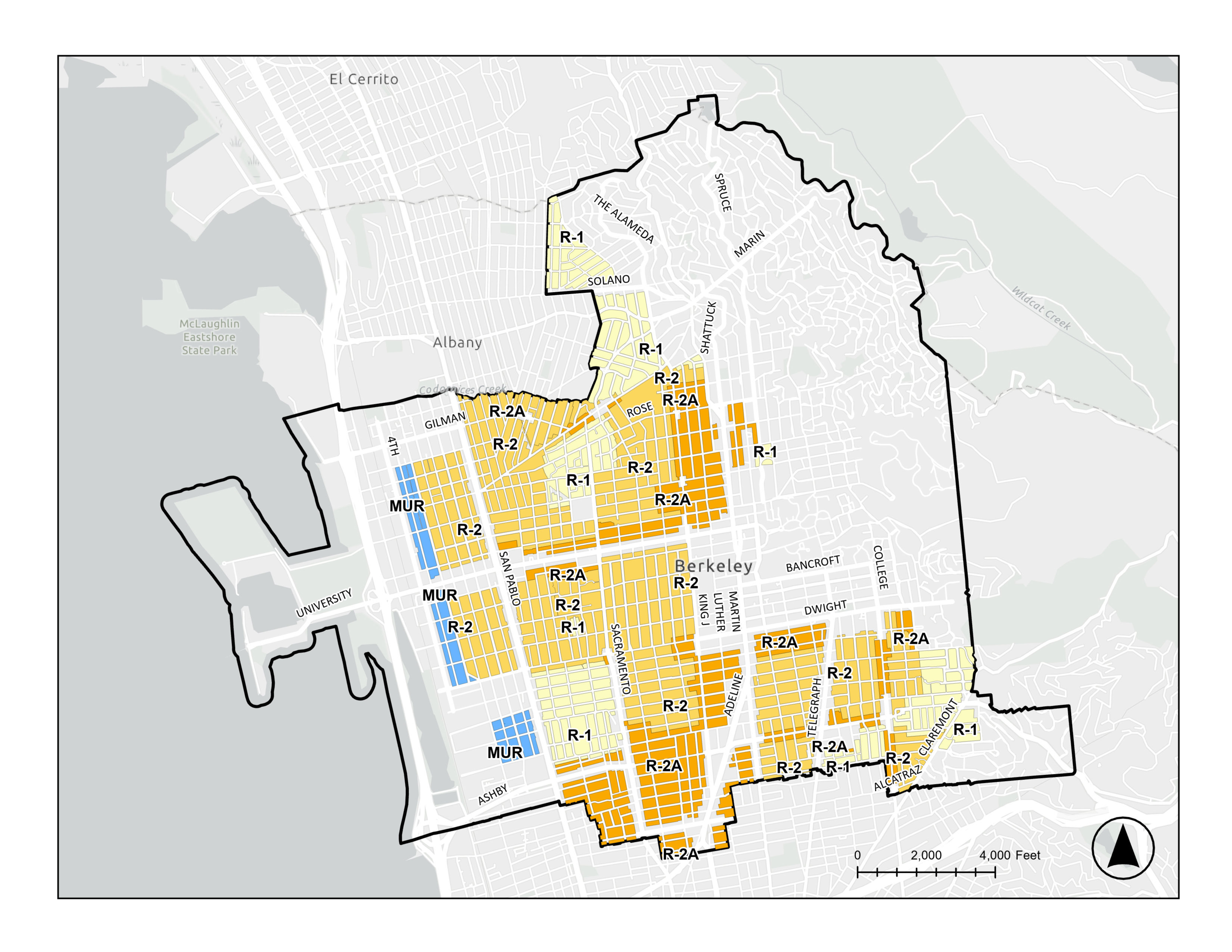 Middle Housing Zoning map: nearly all Berkeley neighborhoods from west of MLK, south of Dwight, east of 4th Street are included.