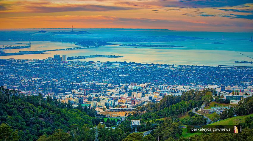 Aerial view of Berkeley at sunset