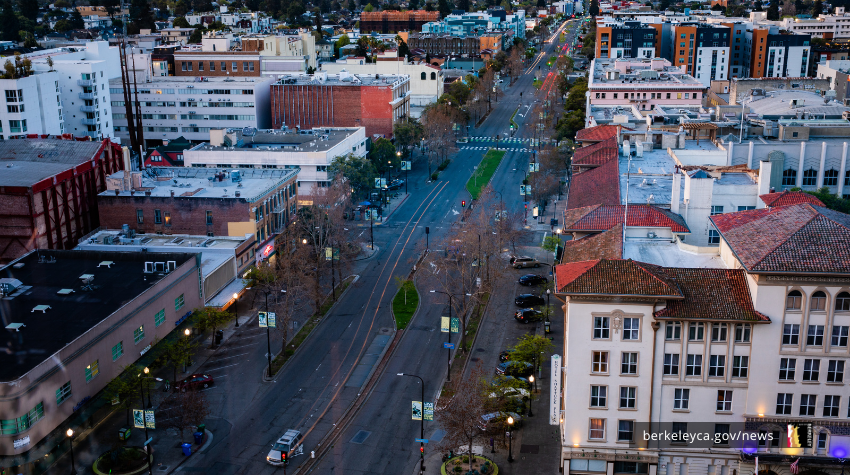 A bird's eye photograph of Shattuck Avenue facing south in Downtown Berkeley